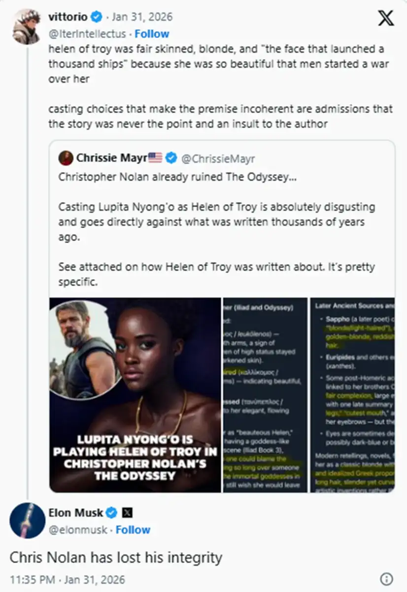Elon Musk stokes woke war over Christopher Nolan's casting of Lupita N'yongo and trans actor Elliot Page in The Odyssey - 4