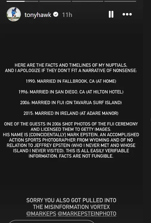 Tony Hawk Has Addressed Claims That He Got Married On Jeffrey Epstein’s Private Island — And He Came With Receipts For All Four Weddings - 3