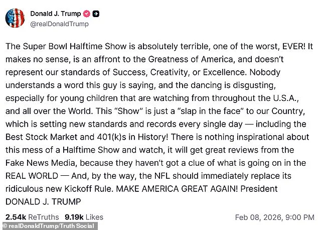 Trump claims Bad Bunny’s historic Super Bowl show watched by millions was ‘affront’ to American ‘greatness’ – US politics live - 3